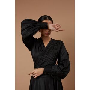 Turn Black Iris Set Mashru Silk Wrap Crop Top L & Flared Skirt M NWT + Tote